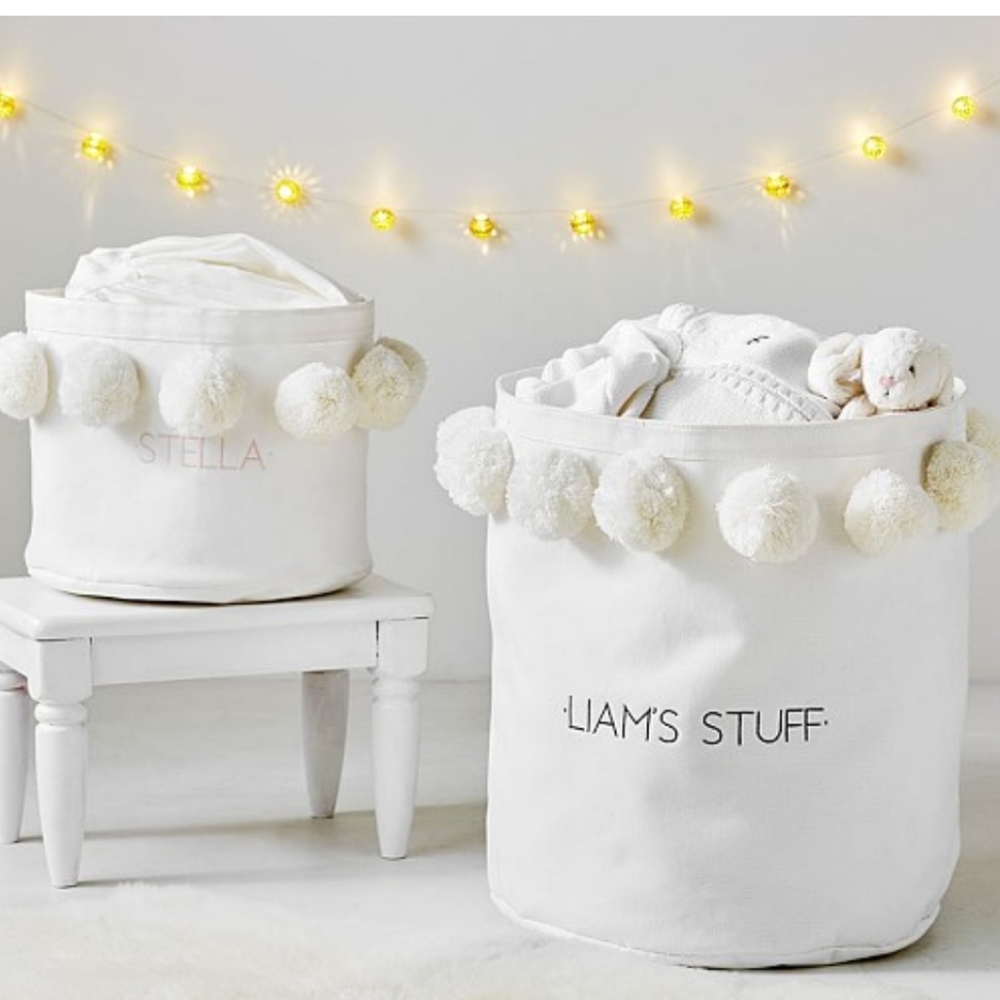 Pottery Barn Emily & Meritt Canvas Pom Pom Storage embroidered "Mila" - ivory